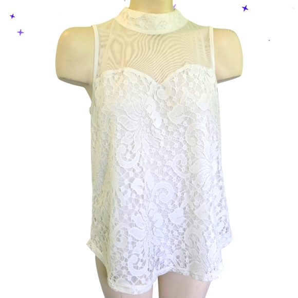 Eve & Maddie Tops - EVE&MADDIE Sleeveless Lined Lace High Collar Top Keyhole Back White Size Medium